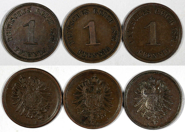Germany - Empire Wilhelm I Copper LOT OF 3 COINS 1874 A 1 Pfennig KM# 1 (19 592)