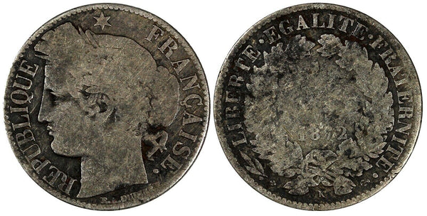 France Silver 1872 K 1 Franc	Bordeaux Mint SCARCE KM# 822.2 (19 607)