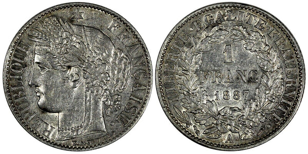 France Silver 1887 A 1 Franc	Paris Mint ch.XF Condition KM# 822.1 (19 608)