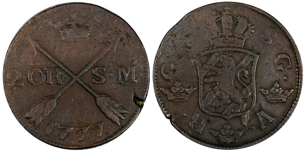 Sweden Gustaf III Copper 1777 SM 2 Ore  Small Date 33.5mm SCARCE KM# 518 (611)