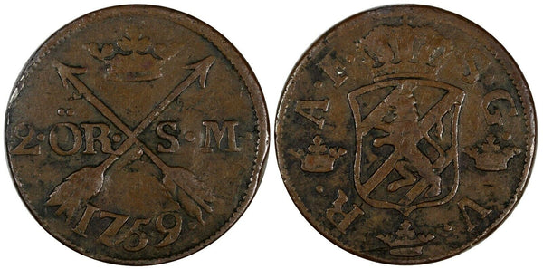 SWEDEN Adolf Frederick 1759 SM 2 Ore Low Mintage-352,000 SCARCE KM# 461 (19 612)