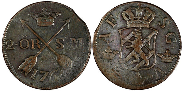 SWEDEN Adolf Frederick Copper 1767 SM 2 Ore Low Mintage-467,000 KM# 461 (19 613)