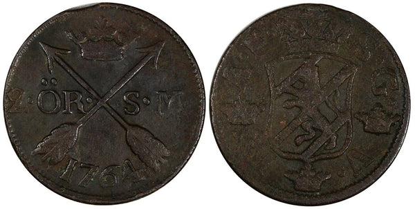 SWEDEN Adolf Frederick Copper 1764 SM 2 Ore SCARCE  KM# 461 (19 616)