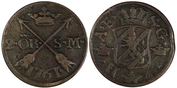 SWEDEN Adolf Frederick Copper 1761 SM 2 Ore Mintage-422,000 KM# 461 (19 619)