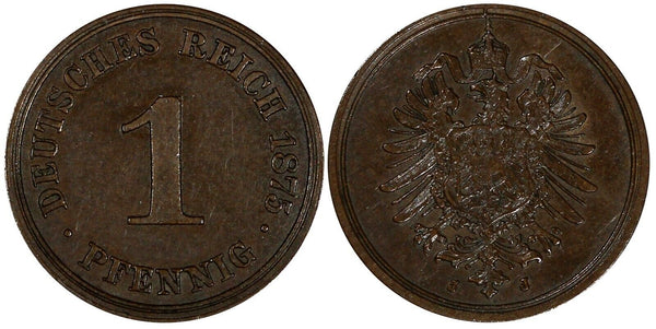 Germany - Empire Wilhelm I Copper 1875 J 1 Pfennig XF  KM# 1 (19 626)