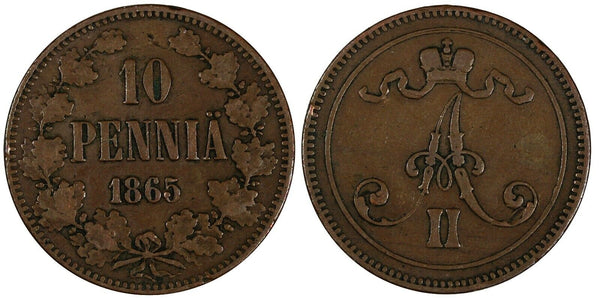 Finland Alexander II Copper 1865 10 Penniä Mintage-250,000 KM# 5.1 (19 628)