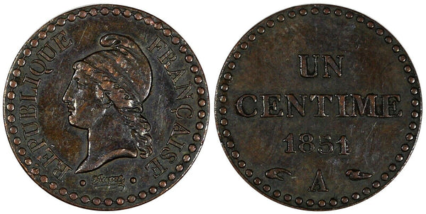 France Bronze 1851 A 1 Centime Paris Mint XF Condition KM# 754 (19 629)
