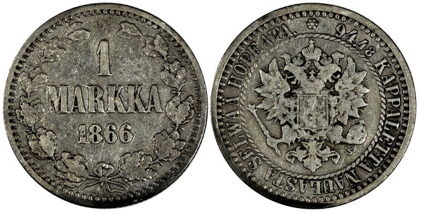 Finland Alexander II Silver 1866 S 1 Markka KM# 3.1 (19 632)