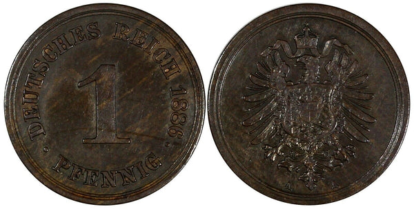 Germany - Empire Wilhelm I Copper 1886 A 1 Pfennig XF  KM# 1 (19 653)