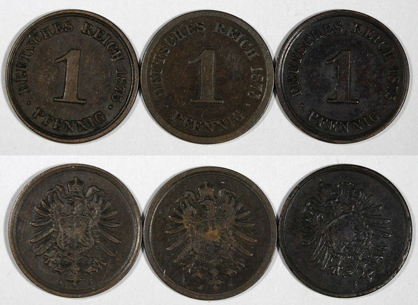 Germany - Empire Wilhelm I Copper LOT OF 3 COINS 1875 J 1 Pfennig  KM# 1 (654)