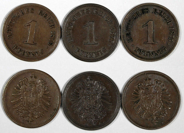 Germany - Empire Wilhelm I Copper LOT OF 3 COINS 1875 A,B,G 1 Pfennig  KM# 1 (5)
