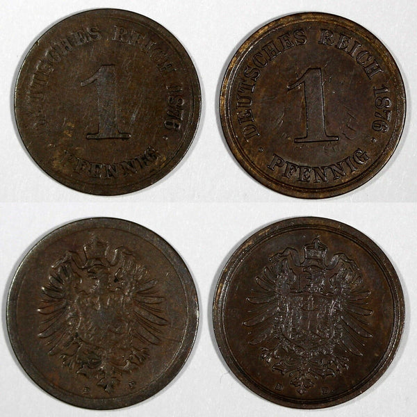 Germany - Empire Wilhelm I Copper LOT OF 2 COINS 1876 D 1 Pfennig  KM# 1 (57)