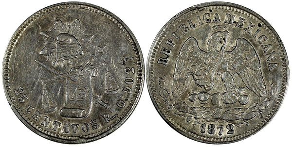 MEXICO Silver 1872 Pi O 25 Centavos San Luis Potosi Mint-30,000 RARE KM#406.8(4)