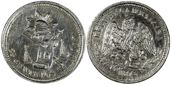 MEXICO Silver 1873 Mo M 25 Centavos Mexico Mint-48,000 XF  KM#406.7 (19 671)