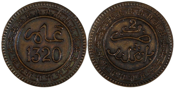 Morocco Abd al-Aziz Bronze 1320 (1903) Bi	2 Mazunas Light Toned Y# 15.1 (19 673)