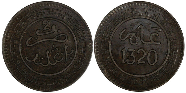 Morocco Abd al-Aziz Bronze 1320 (1903) Bi	2 Mazunas ch.XF Y# 15.1 (19 676)