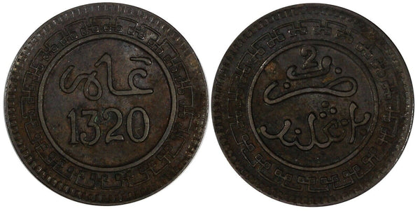 Morocco Abd al-Aziz Bronze 1320 (1903) Bi	2 Mazunas ch.XF Y# 15.1 (19 678)