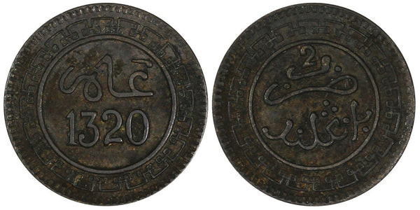 Morocco Abd al-Aziz Bronze 1320 (1903) Bi	2 Mazunas ch.XF Y# 15.1 (19 679)