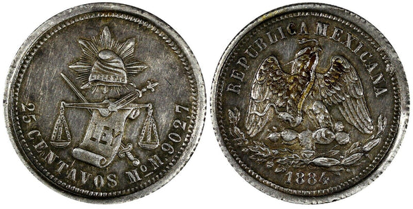 MEXICO Silver 1884 Mo M 25 Centavos Mexico Mint XF KM#406.7 (19 702)