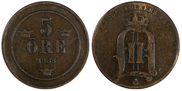 Sweden Oscar II Bronze 1888 5 Öre Small Letters KM# 736 (19 719)