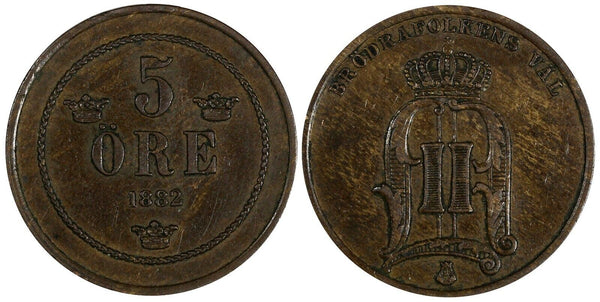 Sweden Oscar II Bronze 1882 5 Öre Small Letters KM# 736 (19 720)