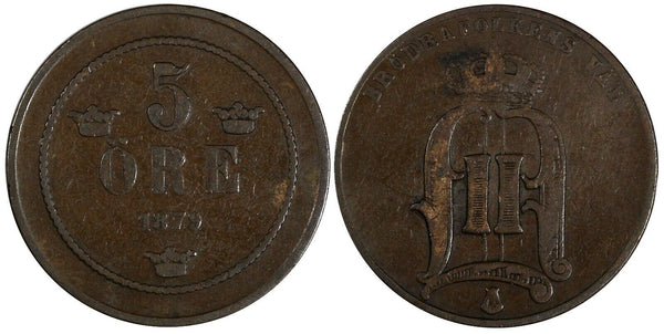 Sweden Oscar II Bronze 1879 5 Öre Small Letters RARE DATE KM# 736 (19 722)