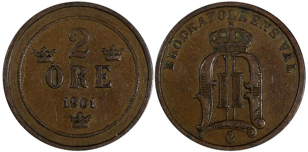 Sweden Oscar II Bronze 1901 2 Öre large letters KM# 746 (19 723)