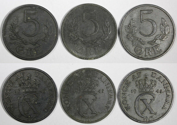 Denmark German Occupation Zinc LOT OF 3 COINS 1945 5 Øre KM# 834a (19 725)