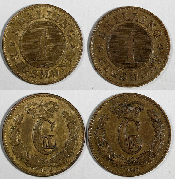 Denmark Christian IX LOT OF 2 COINS 1867,1872 1 Skilling Rigsmont KM# 774 (726)