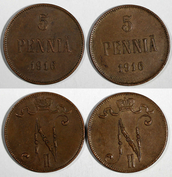 Finland Nicholas II Copper LOT OF 2 COINS 1916 5 Penniä KM# 15 (19 729)