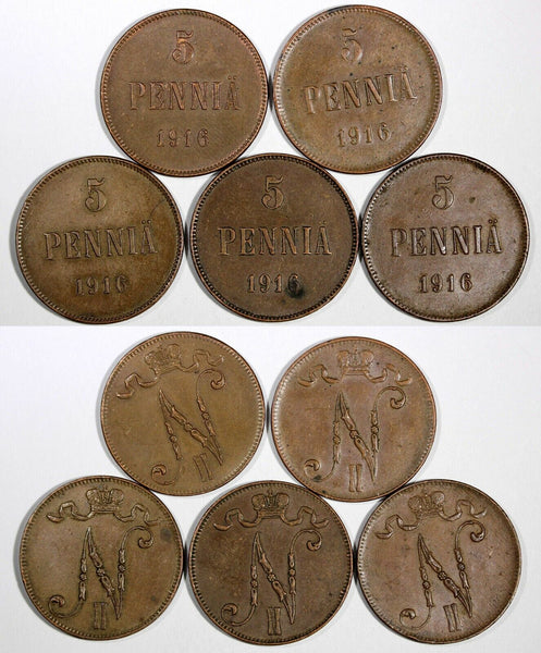 Finland Nicholas II Copper LOT OF 5 COINS 1916 5 Pennia KM# 15 (19 731)