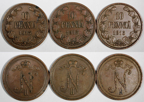 Finland Nicholas II Copper LOT OF 3 COINS 1915 10 Penniä Mint-420,000 KM# 14(2)