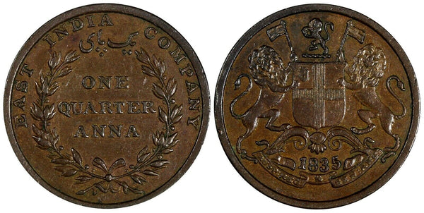 India-British William IV (1765-1837) Copper 1835 1/4 Anna XF KM# 446.2 (19 736)