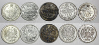 RUSSIA Nicholas II Silver LOT OF 5 COINS 1909,1910,1911,1912 10 KOPECKS Y#20a.3