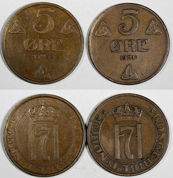 Norway Haakon VII Bronze LOT OF 2 COINS 1915,1932 5 Ore RARE DATE KM# 368 (748)