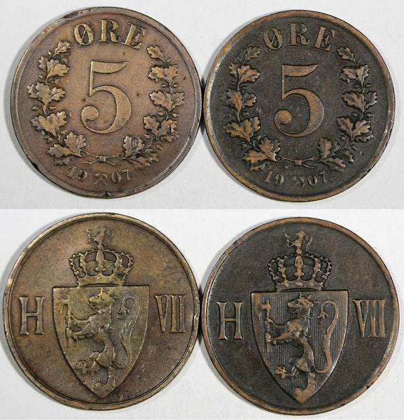 Norway Haakon VII Bronze LOT OF 2 COINS 1907 5 Øre Mintage-2000,000 KM# 364 (53)