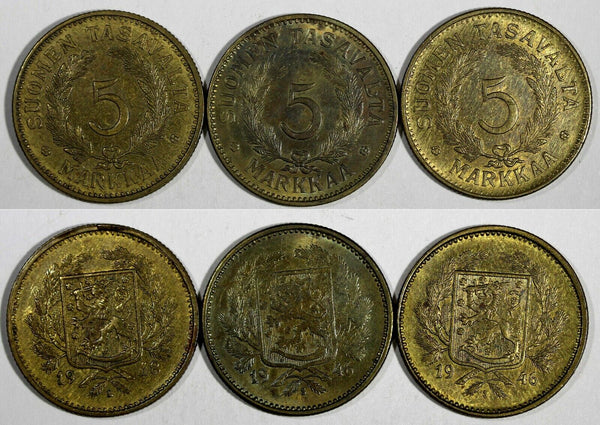 Finland Brass LOT OF  3 COINS 1946,1948 S 5 Markkaa HIGH GRADE KM# 31a (19 763)