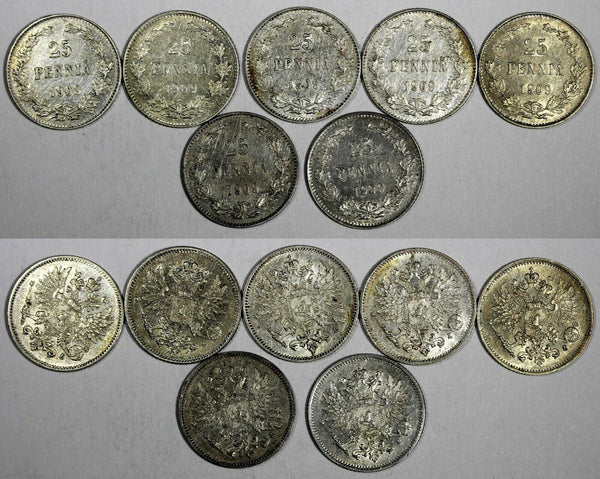Finland Nicholas II Silver LOT OF 7 COINS 1909 L 25 Penniä KM# 6.2 (19 766)