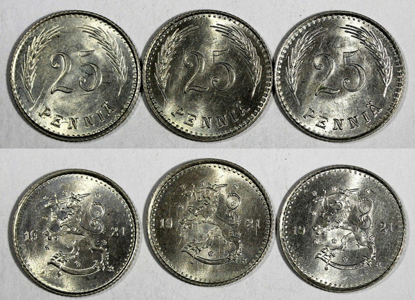 Finland Copper-Nickel LOT OF 3 COINS 1921 25 Penniä UNC-BU KM# 25 (19 767)