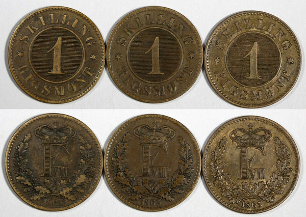 Denmark Frederik VII Bronze LOT OF 3 COINS 1863 Skilling Rigsmont KM# 763 (768)