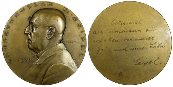 AUSTRIA Medal 1923  Ignaz Seipel Federal Chancellor of the 1st Republic 60 mm XF