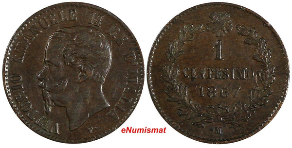 Italy Vittorio Emanuele II Copper 1867 M 1 Centesimo Milan aUNC KM# 1.1 (19 797)