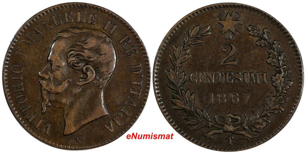 Italy Vittorio Emanuele II Copper 1867 T 2 Centesimi Turin SCARCE KM# 2.3 (805)