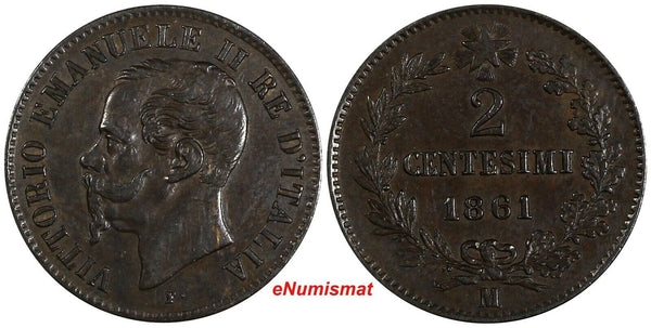 Italy Vittorio Emanuele II Copper 1861 M 2 Centesimi  Milano ch.XF KM# 2.1 (808)