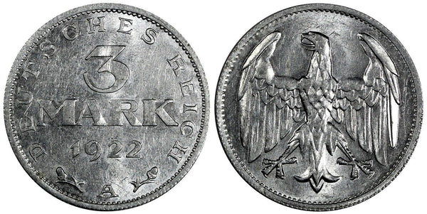 Germany - Weimar Republic Aluminium 1922 A 3 Mark KM# 28 (19 822)