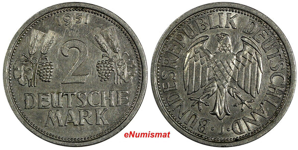 Germany - Federal Republic 1951 J 2 Mark Hamburg Mint KM# 111 (19 824)