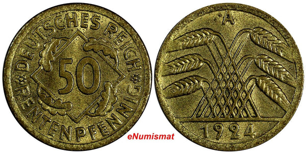 Germany - Weimar Republic 1924 A 50 Rentenpfennig XF KM# 34 (19 828)