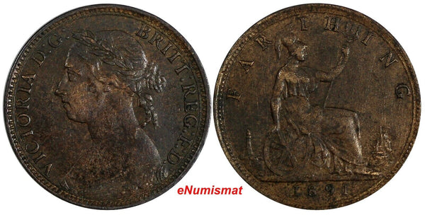 Great Britain Victoria Bronze 1891 Farthing 'Bun Head' VF/XF KM# 753 (19 836)