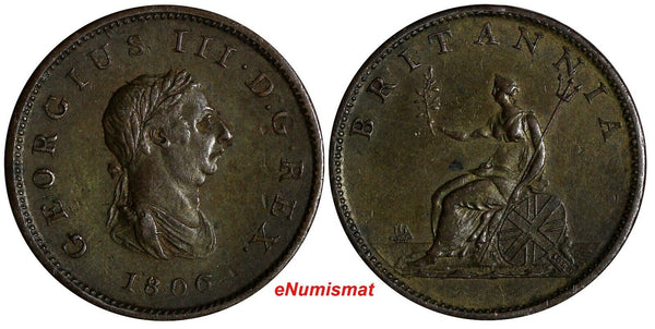 Great Britain George III Copper 1806 1/2 Penny 28.7 mm XF  KM# 662 (19 838)
