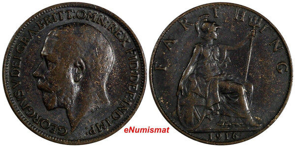 Great Britain George V Bronze  1916 Farthing XF KM# 808.1 (19 866)
